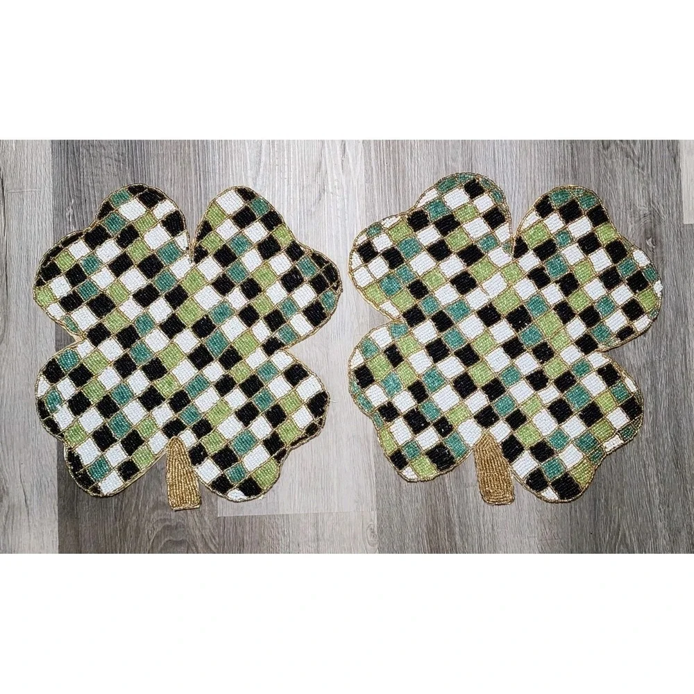 St Patricks Day Irish Checkered Shamrock Clover Beaded Charger Placemat 15